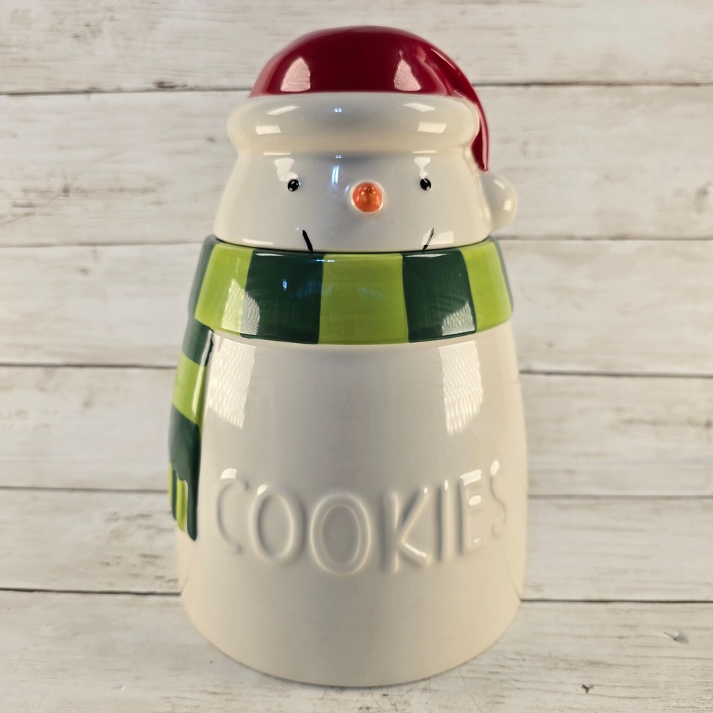 Hallmark Snowman Cookie Jar Christmas Ceramic Holiday Decor Red Green White